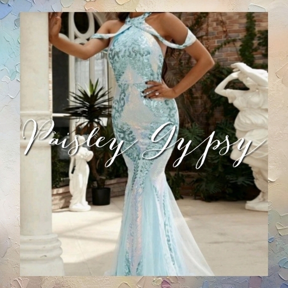 BABY BLUE HALTER STYLE, SLEEVELESS BAROQUE MERMAID MAXI DRESS - Picture 2 of 16